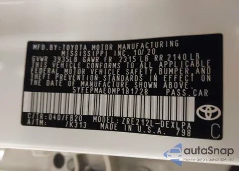 2021 Toyota Corolla Le from USA, damaged, VIN 5YFEPMAE0MP181728